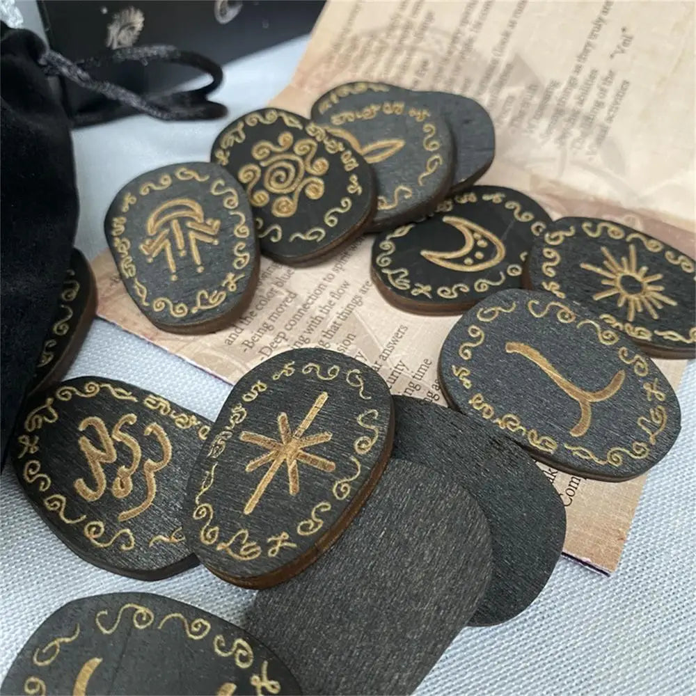 Wooden Rune Divination Game Set Rune Stones With Storage Bag Black Divination Props Set With Storage Bag Norse Runes