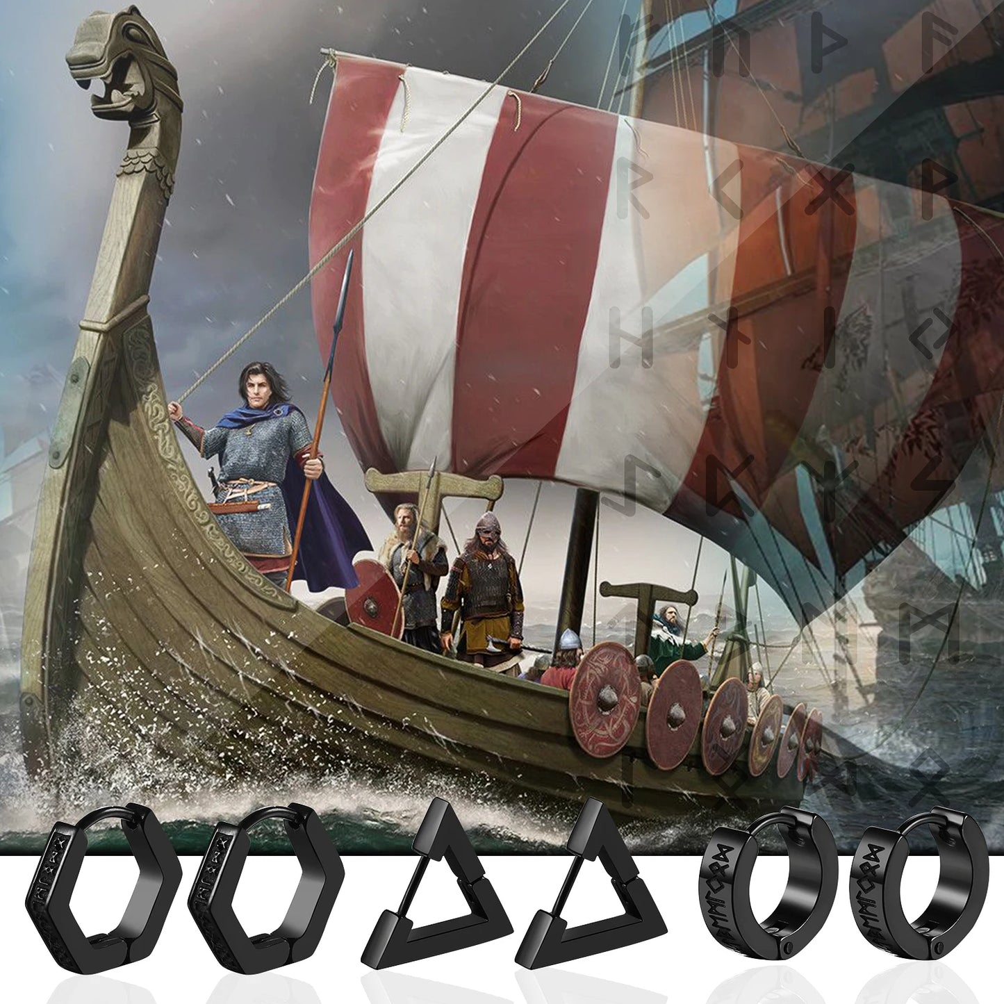 BONISKISS Men's Viking Rune Embrace Earrings Stainless Steel Three Pair Hoop Earrings Pendientes Geometric Loop Jewelry Gifts