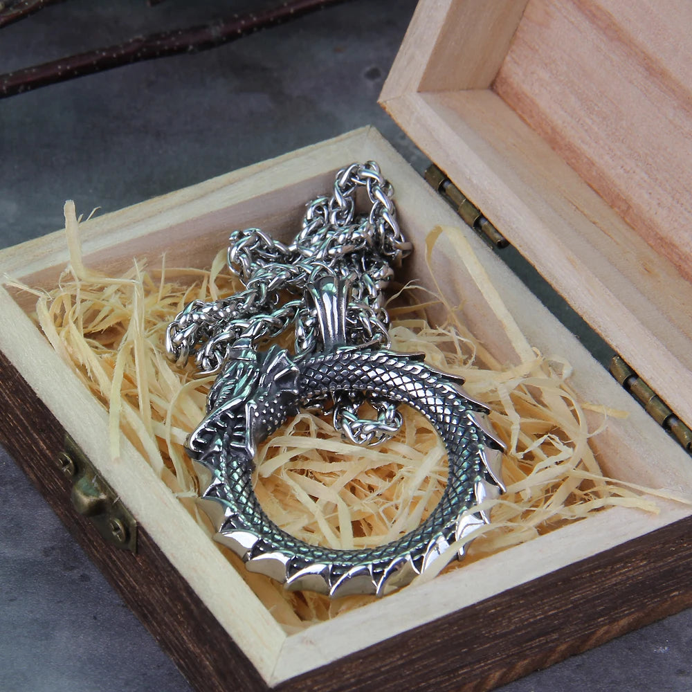Never Fade Gold plated rotating life tree in Amulet ouroboros Pendant Necklace with vikings wood box