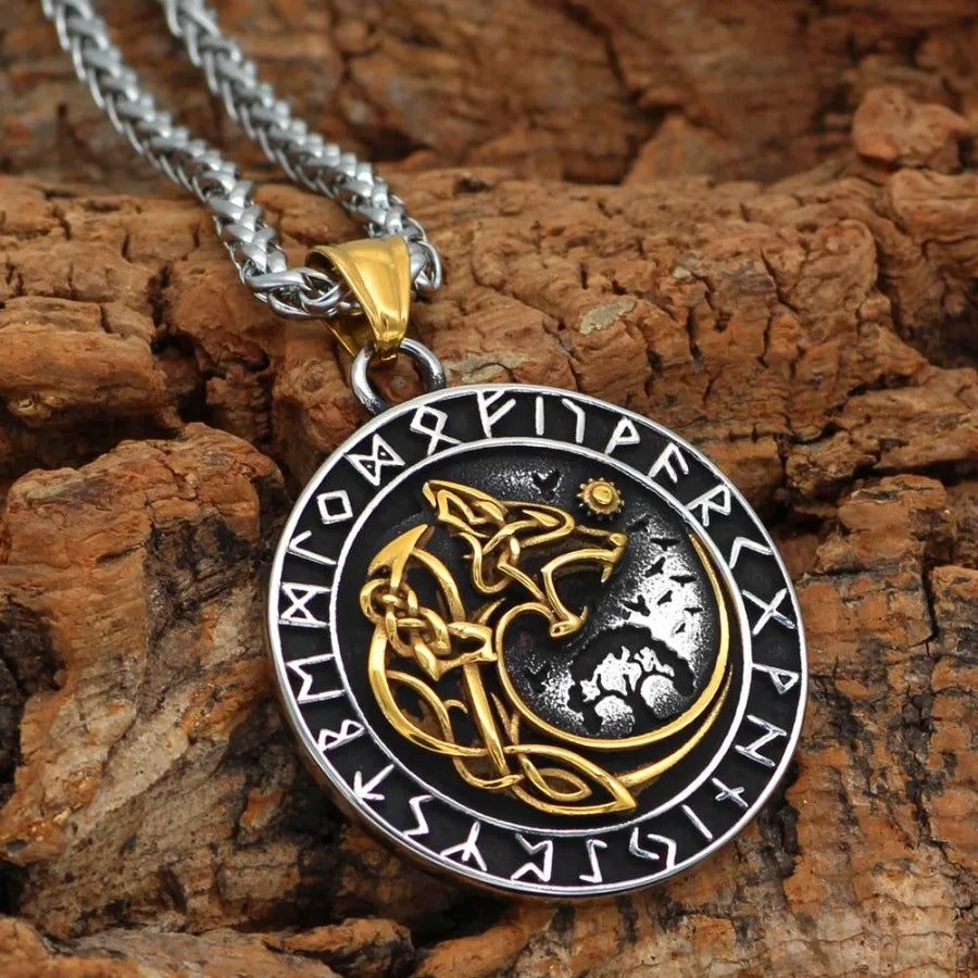 Viking Wolf Rune Pendant Necklace Trendy Men Long