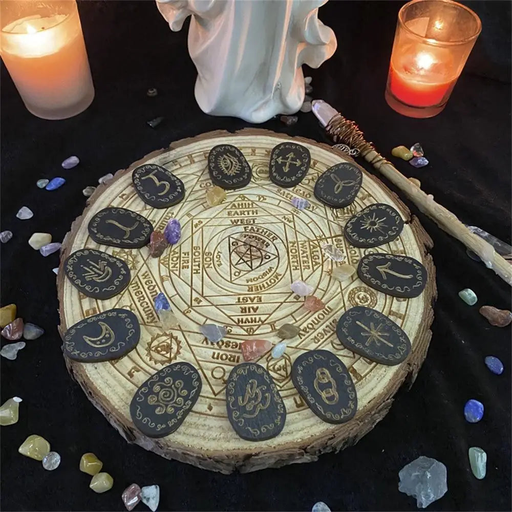 Wooden Rune Divination Game Set Rune Stones With Storage Bag Black Divination Props Set With Storage Bag Norse Runes