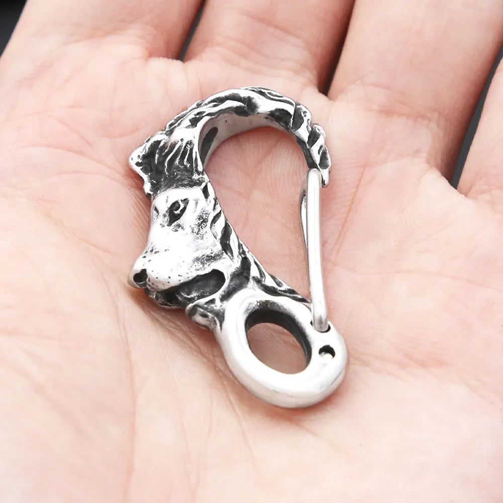 Stainless Steel Lion Head Keychain Men Skull Buckle Key Ring Carabiner Jewelry