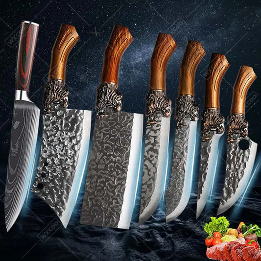 7PCS Professional Kitchen Knife Set Stainless Steel Chef Utility Boning Butcher Cleaver Paring Fish Multipurpose Cutting Tools