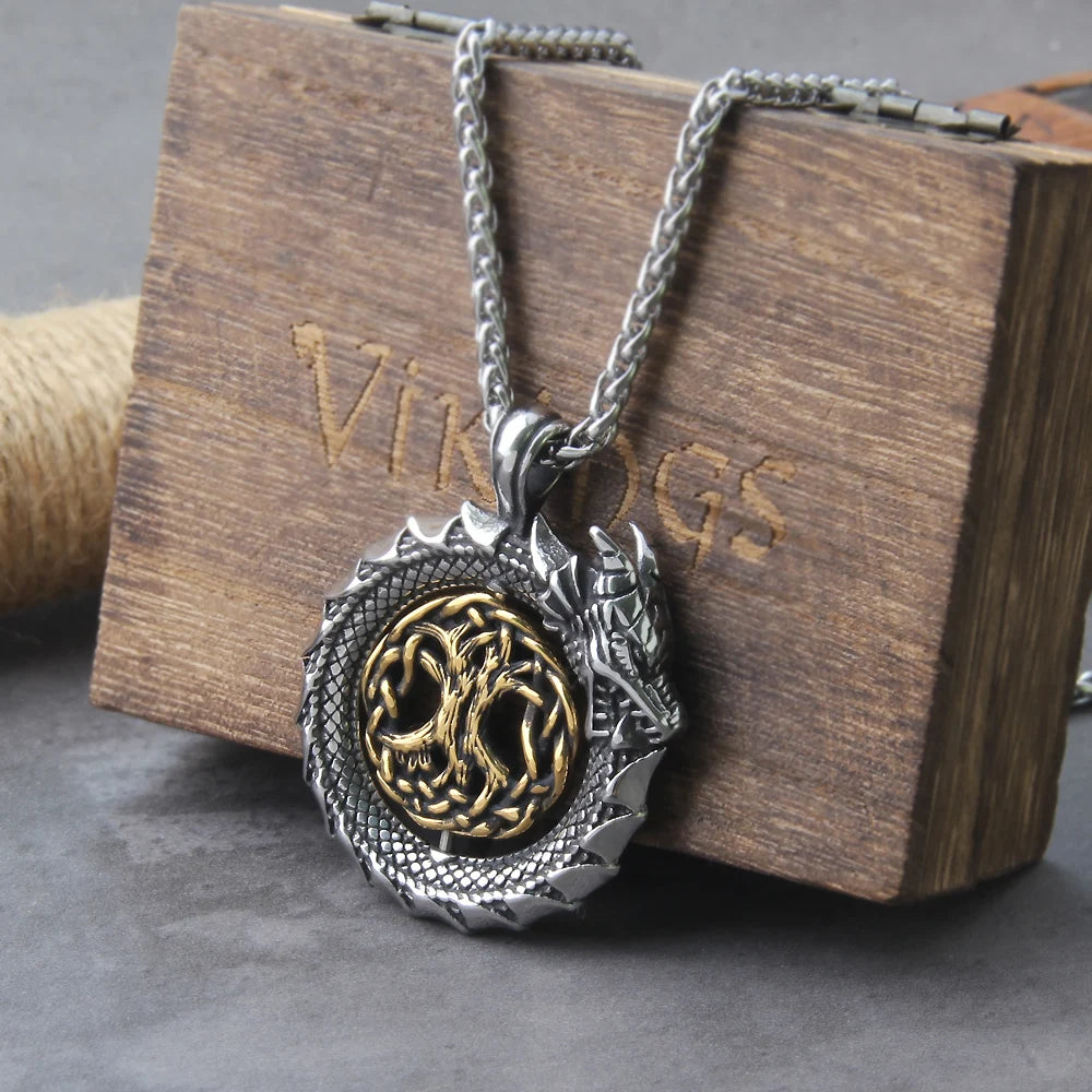 Never Fade Gold plated rotating life tree in Amulet ouroboros Pendant Necklace with vikings wood box