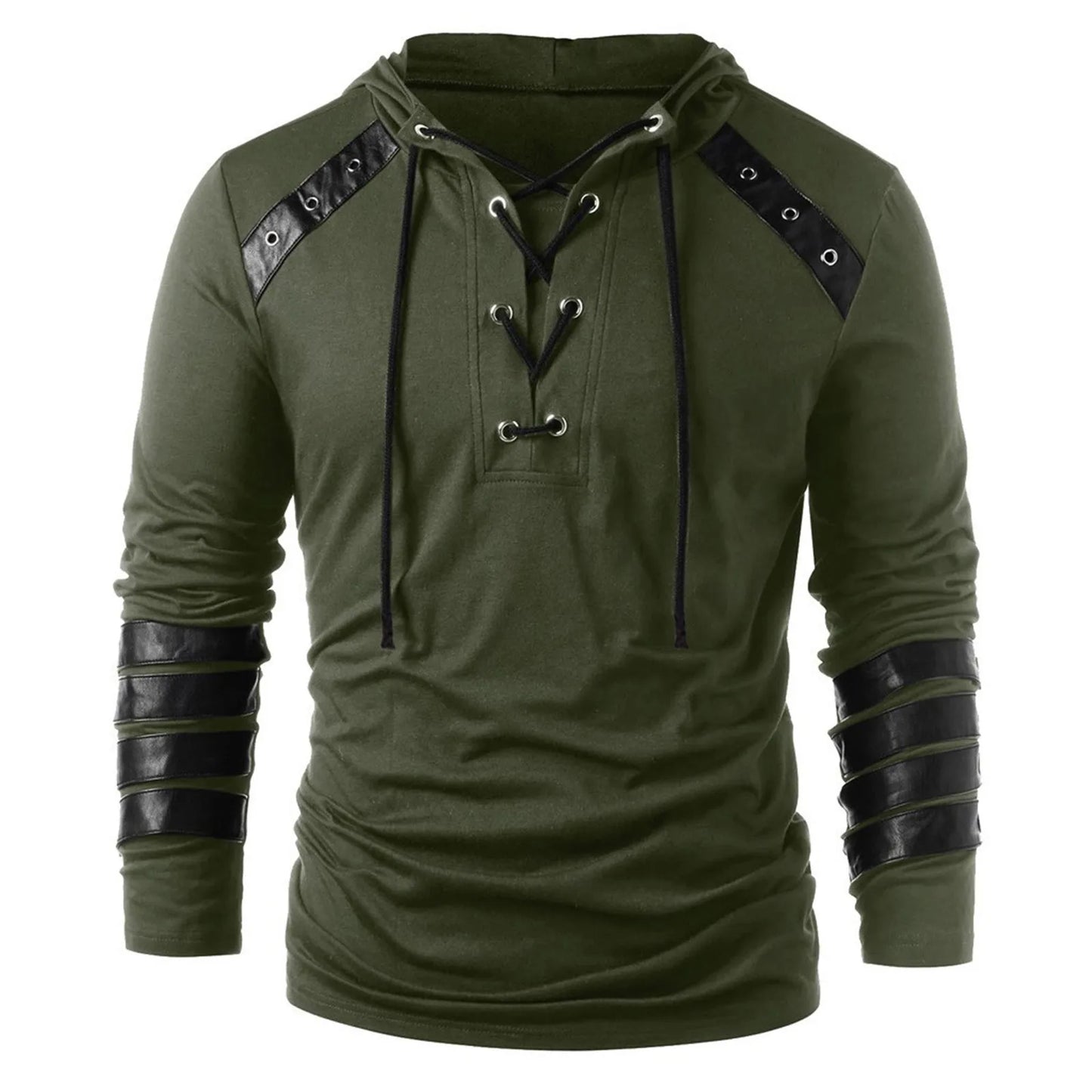 Leather Patchwork Drawstring Hooded Men's Tees Tops Long Sleeve V Neck Lace Up Blouses Vintage Medieval Plus Size Loose Clothing