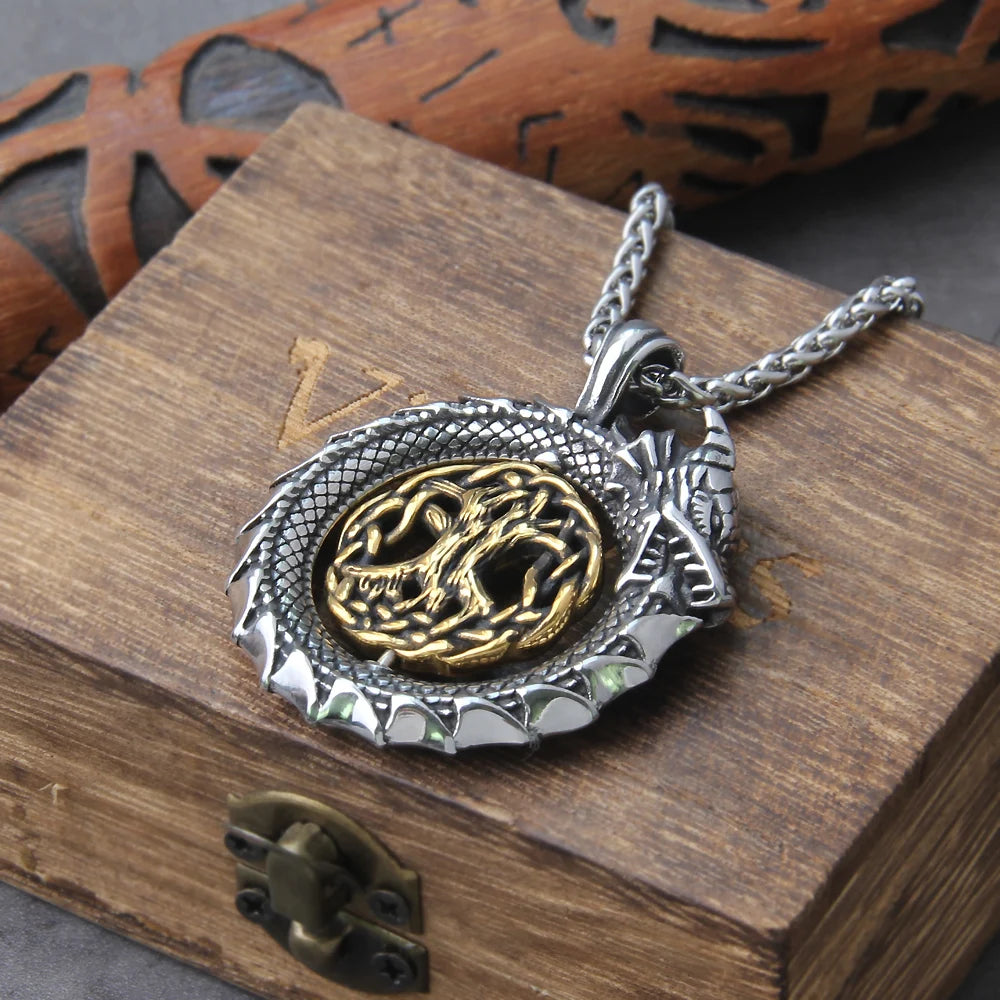 Never Fade Gold plated rotating life tree in Amulet ouroboros Pendant Necklace with vikings wood box