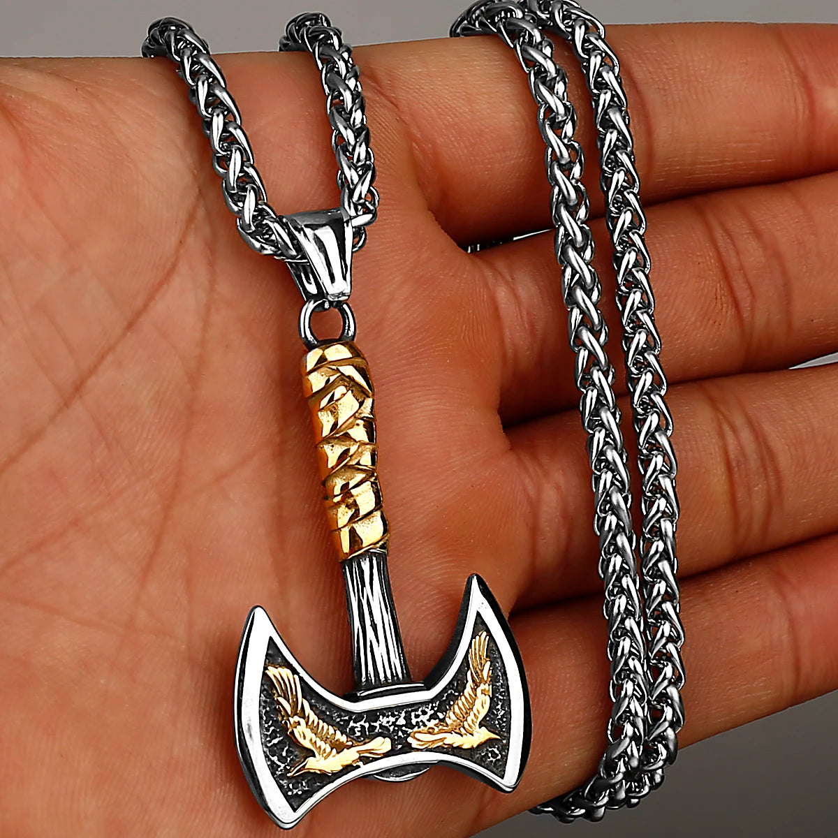 Viking Odin Raven Double Axe Necklace Stainless Steel