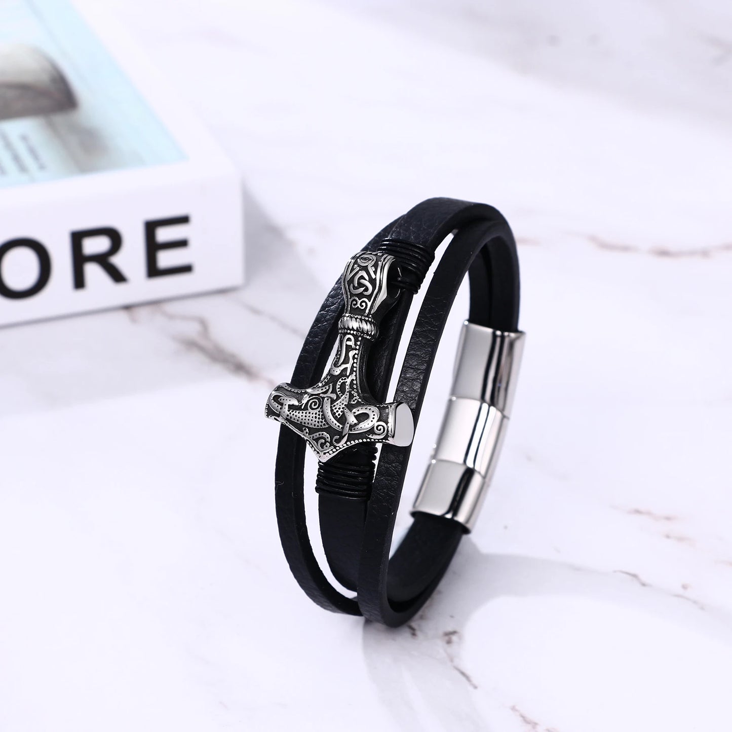 BONISKISS Mens Viking Thor's Hammer Norse Runes Vintage Leather Bracelet Amulet Mjolnir Jewelry Gift Magnetic Buckle Accessories