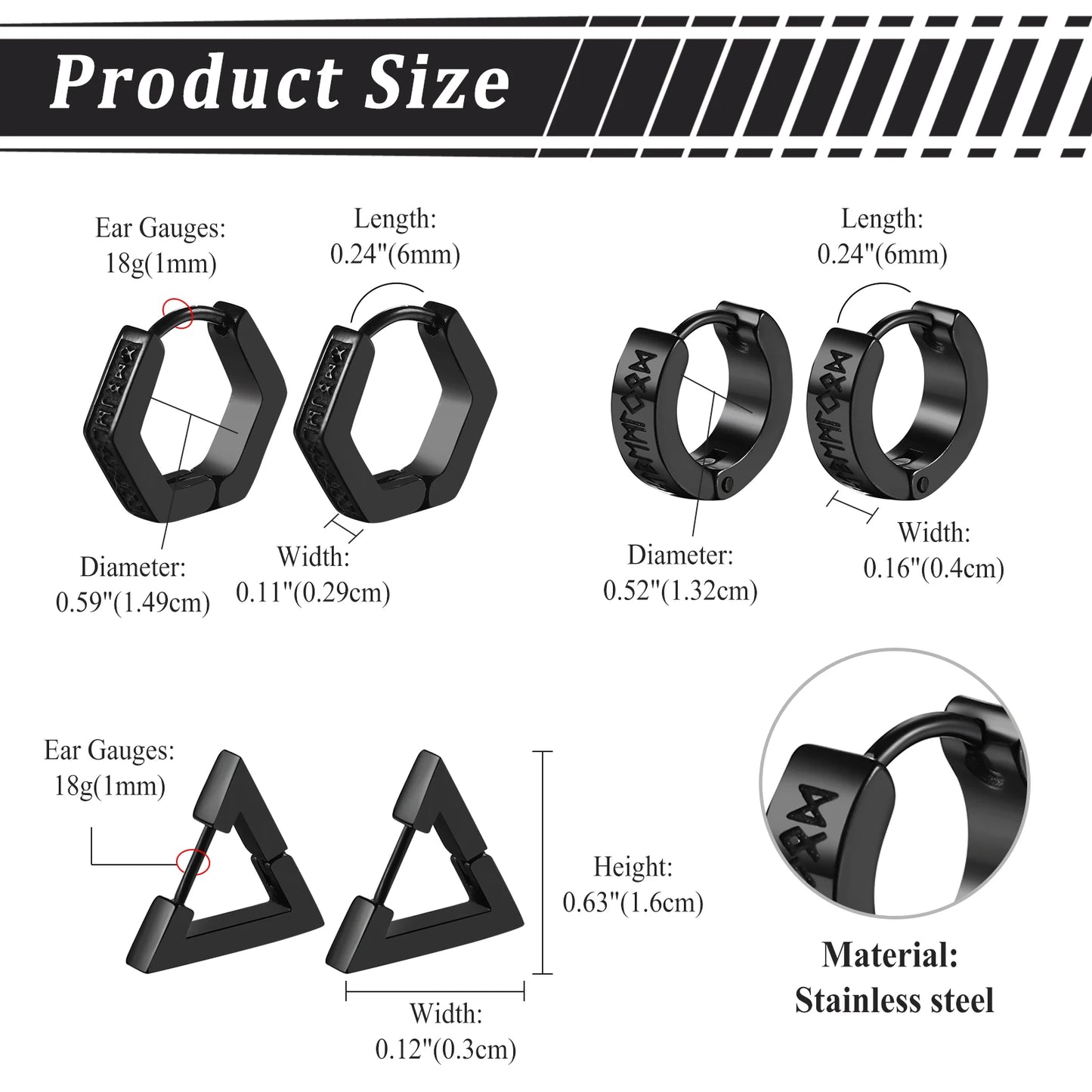 BONISKISS Men's Viking Rune Embrace Earrings Stainless Steel Three Pair Hoop Earrings Pendientes Geometric Loop Jewelry Gifts