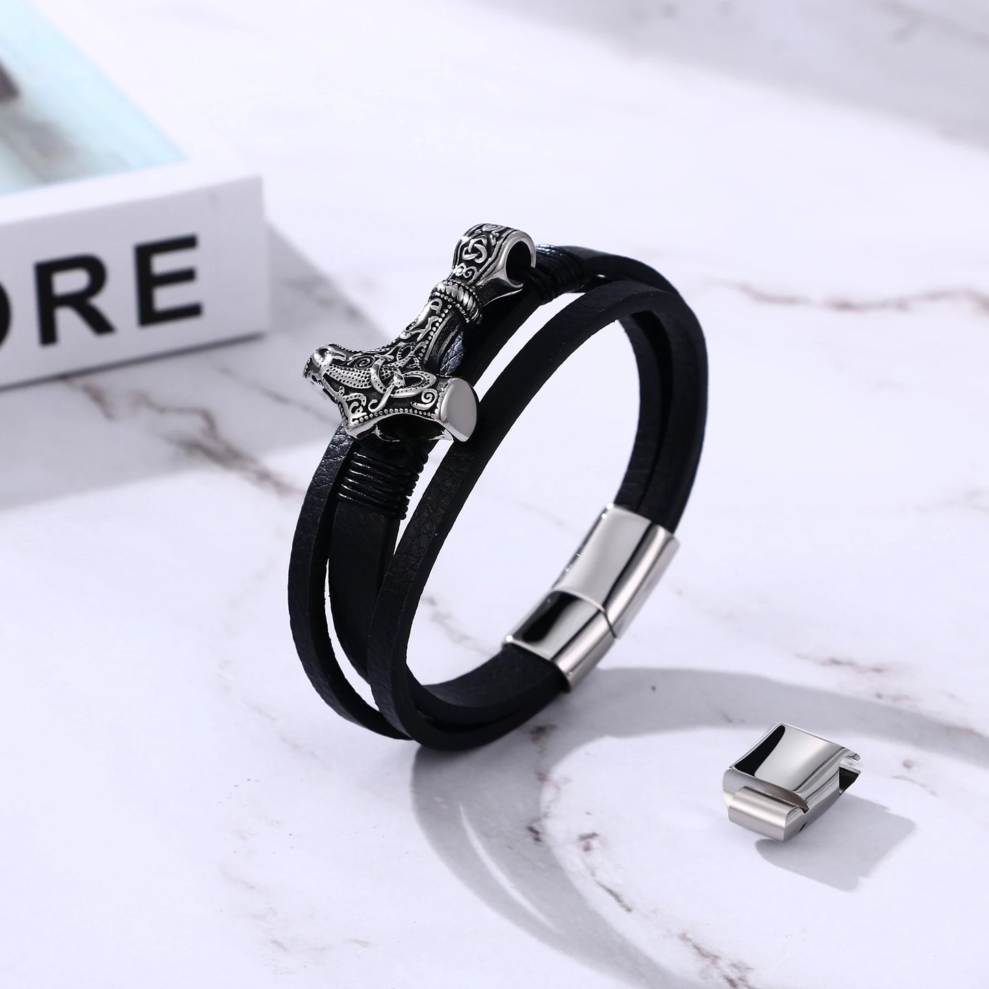 BONISKISS Mens Viking Thor's Hammer Norse Runes Vintage Leather Bracelet Amulet Mjolnir Jewelry Gift Magnetic Buckle Accessories