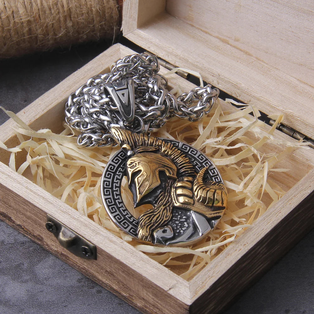 Never Fade Sparta Helmet pendant necklace with wooden box as men gift