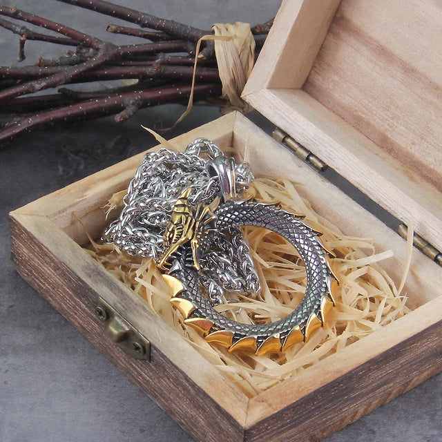 Never Fade Gold plated rotating life tree in Amulet ouroboros Pendant Necklace with vikings wood box