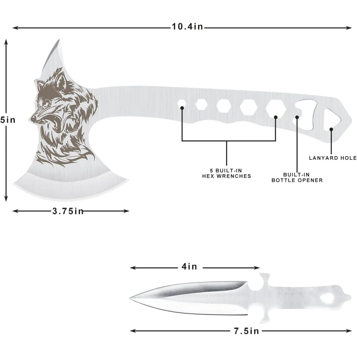 3-Piece Throwing Axe & Tomahawk Set with Built-in Corkscrew & Protective Sheath, Full Tang Stainless Steel 10.4'', Silver
