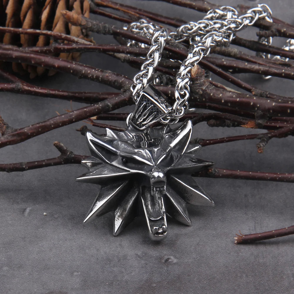 Stainless Steel Viking jewelry Wizard 3 Wild Hunt Game pendant necklace Geralt wolf head necklace with wooden box