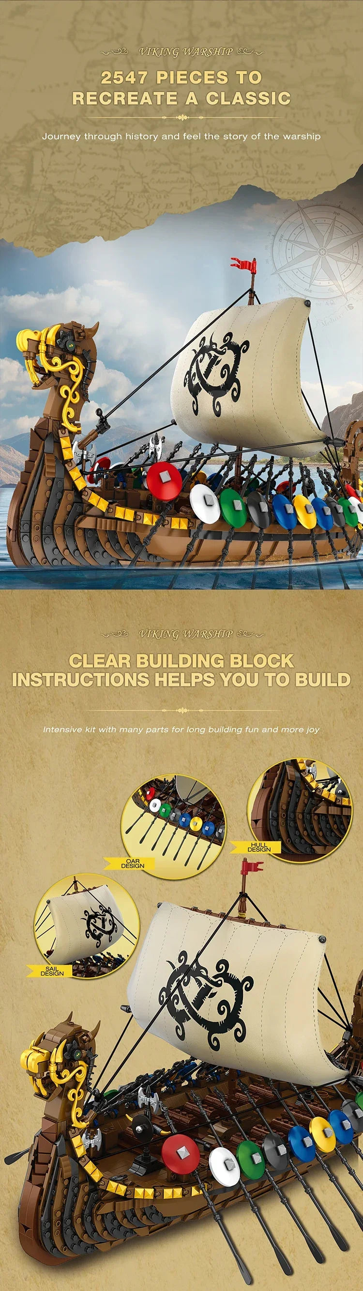 2547PCS Viking Warship Building Blocks Pirate Keelboat Model Bricks Desktop Collection Decoration Diy Toy For Kids Holiday Gifts