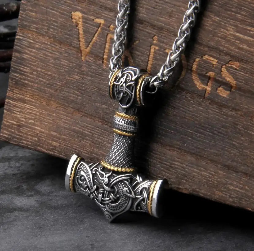 Stainless Steel Thor's Hammer Necklace Viking Dragon