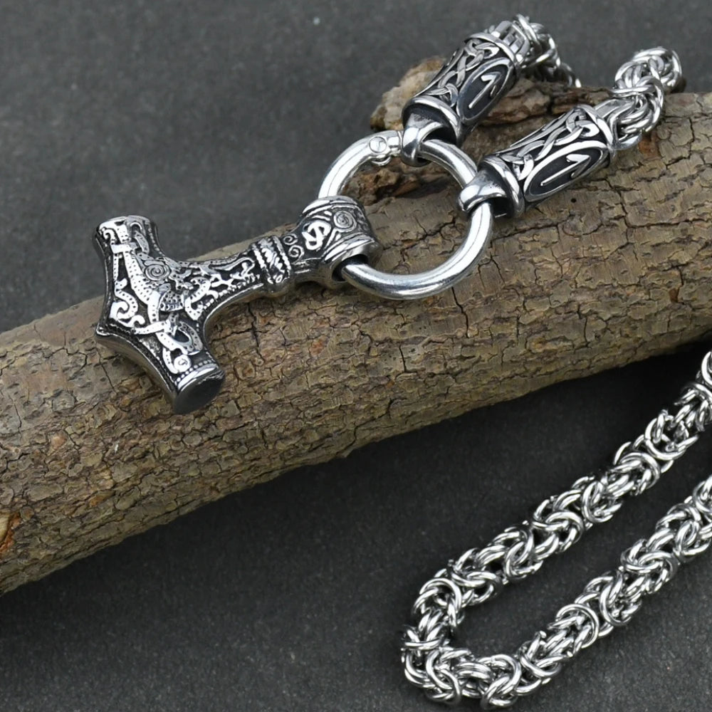 Viking amulet Jewelry Nordic viking rune with thor hammer pendant necklace with stainless steel -king chain