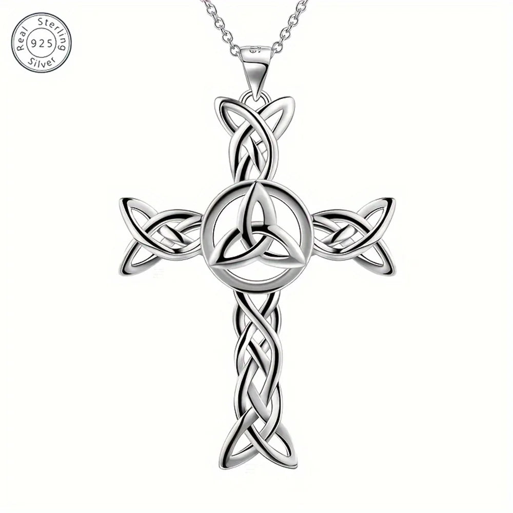 Celtic Knot Cross Pendant Necklace for Women Men 925 Sterling Silver Necklace Triangle Pendant Jewelry for Mom Grandma