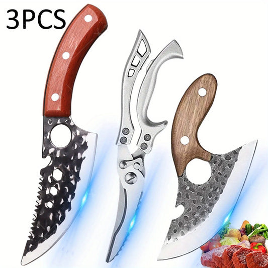 3 Pcs Professional Handmade Forged Knife Kitchen Utility Cleaver Butcher Paring Boning Chef Knife Scissors Poultry Fish Cutter