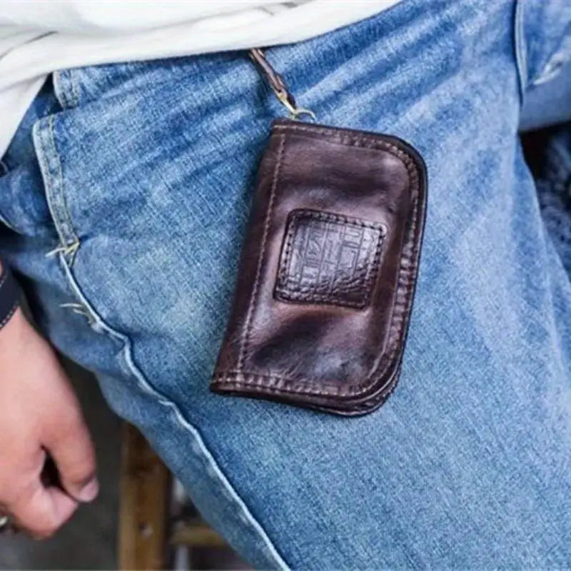 Viking Style Key Case Top Layer Cowhide Key Wallet, Large Capacity Retro Distressed Card Holder with Multi-function