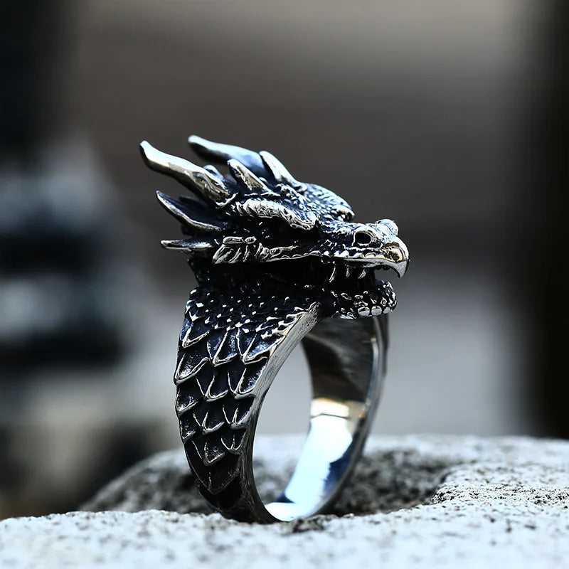 Stainless Steel Viking Dragon Head Dragon Scale Ring