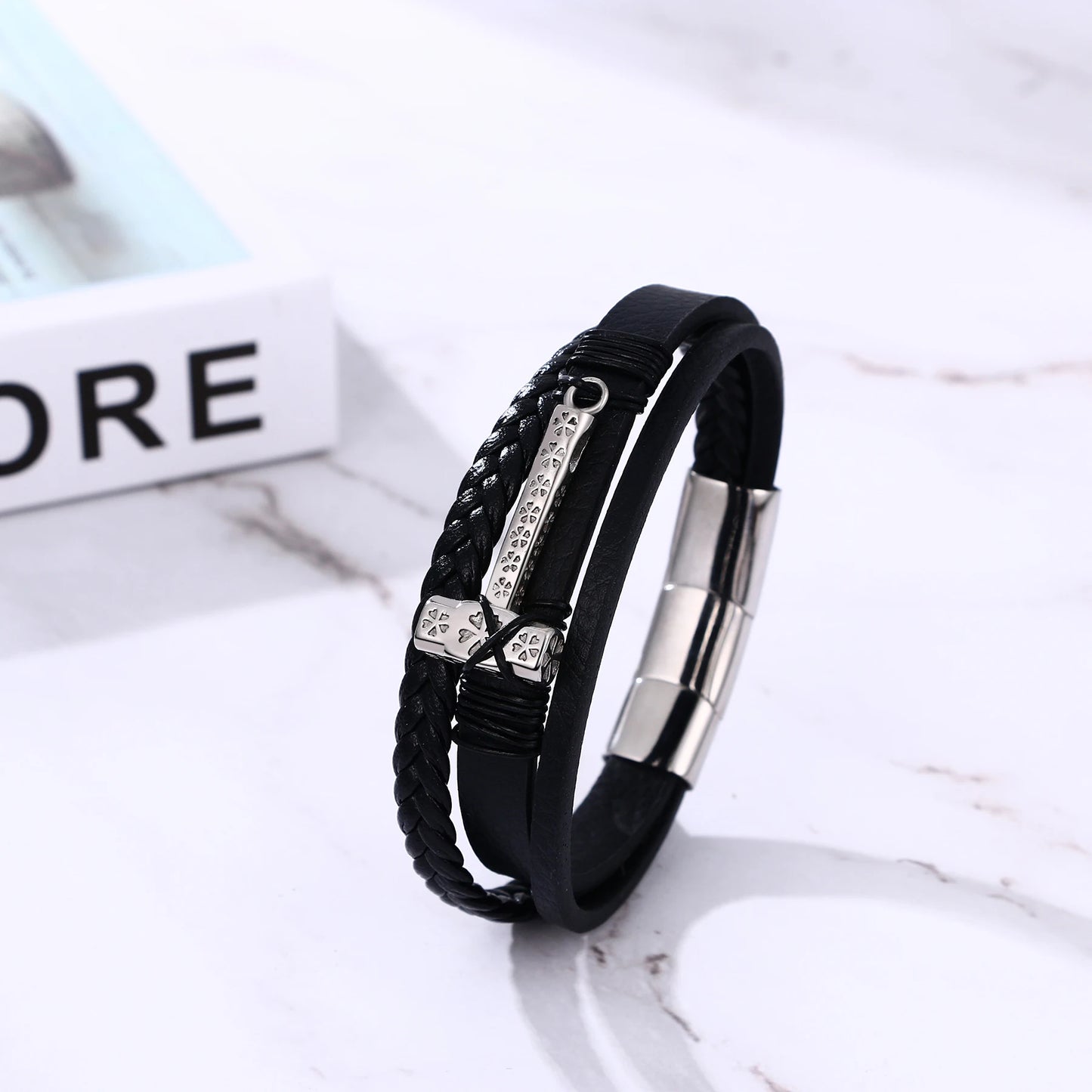 BONISKISS Vintage Viking Thor's Hammer Leather Bracelet Mens Nordic Runes Mjolnir Wristband Punk Handmade Amulet Jewelry Gift