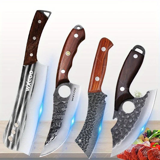 4 PCS Professional Kitchen Knife Handmade Forged Multipurpose Knife Stainless Steel Boning Cleaver Slicing Meat Fruit Wooden