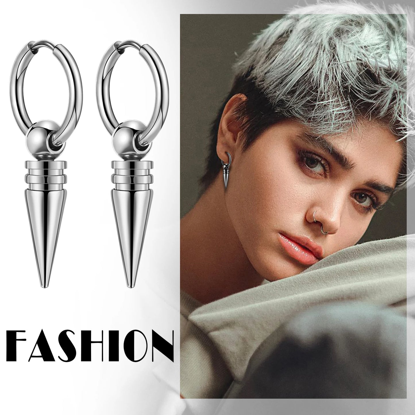 BONISKISS Cross Hollow Chain Stainless Steel Earrings Hoop Huggie Hinged Viking Runes Retro Gothic Ear Stud Men Women Unisex