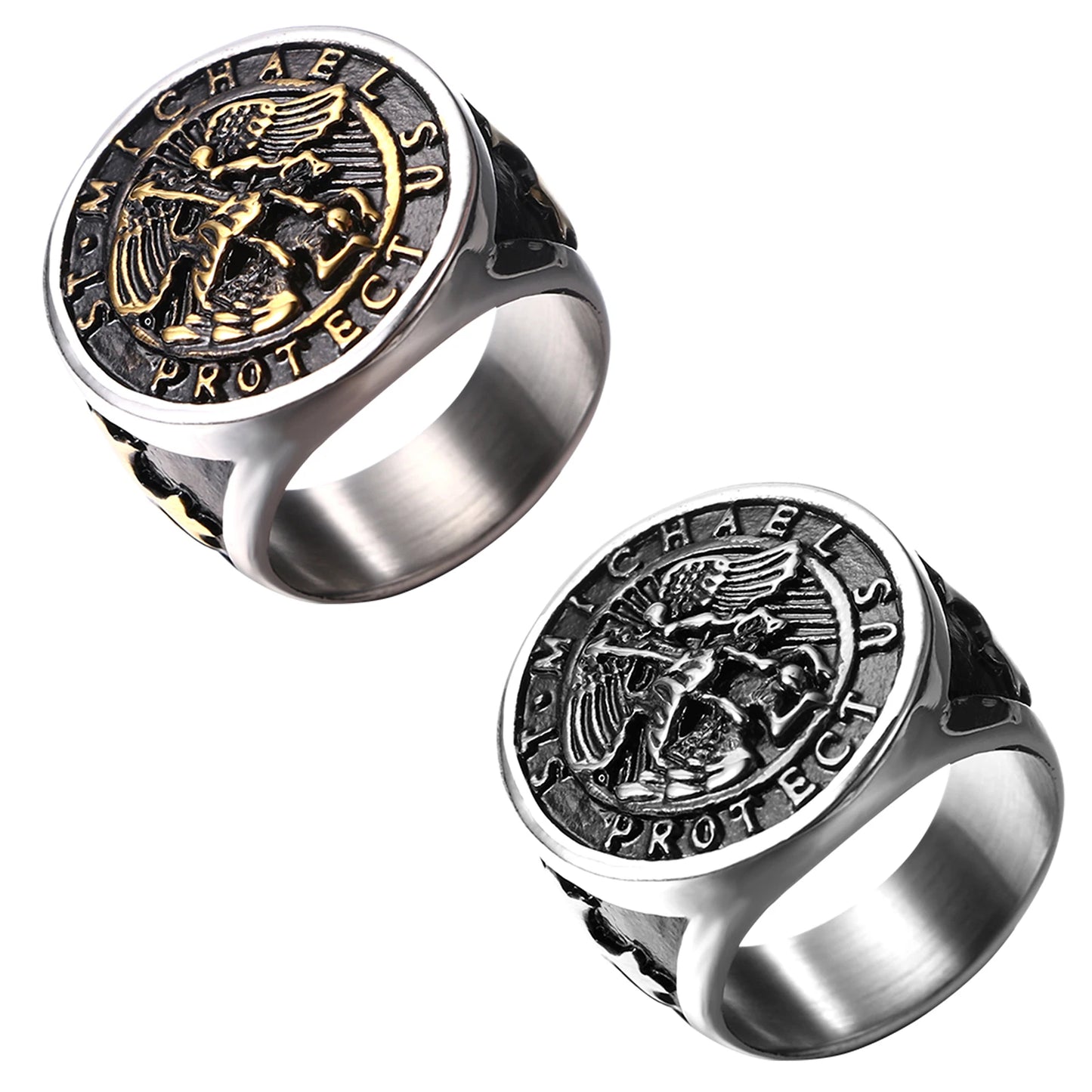 BONISKISS Men's St. Michael Ring Religious Seal Stainless Steel Ring Amulet Jewelry Gift Vintage Golden Sliver Male Fashionable