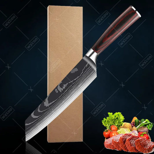 Stainless Steel Kitchen Knife Utility Knife With Painted Wood Handle 1pc Kitchen Meat Cleaver Damascus Pattern Cutting Knife