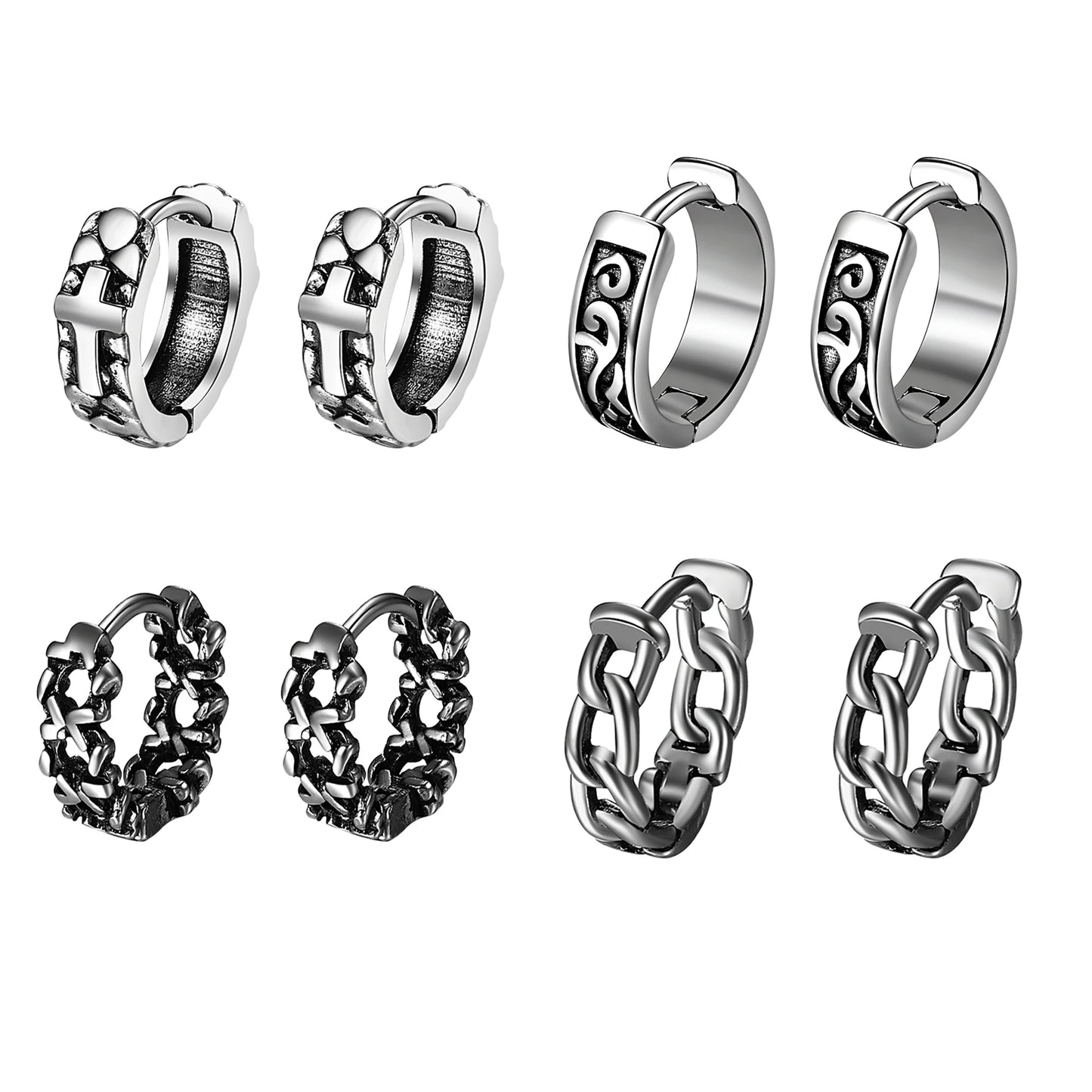 BONISKISS Cross Hollow Chain Stainless Steel Earrings Hoop Huggie Hinged Viking Runes Retro Gothic Ear Stud Men Women Unisex