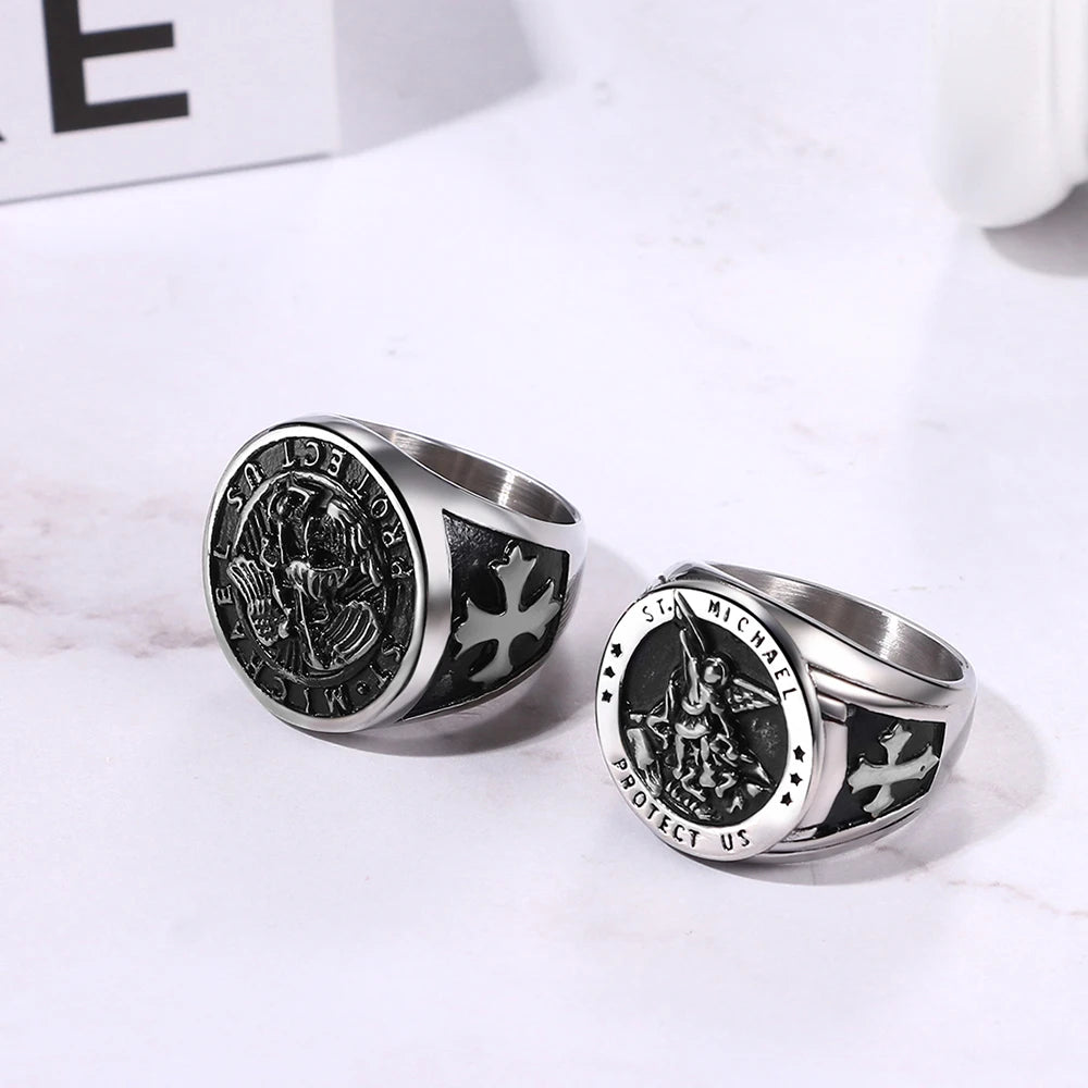 BONISKISS Men's St. Michael Ring Religious Seal Stainless Steel Ring Amulet Jewelry Gift Vintage Golden Sliver Male Fashionable