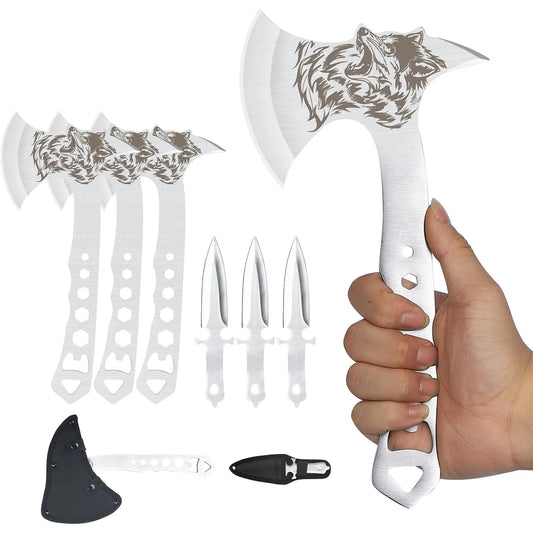 3-Piece Throwing Axe & Tomahawk Set with Built-in Corkscrew & Protective Sheath, Full Tang Stainless Steel 10.4'', Silver