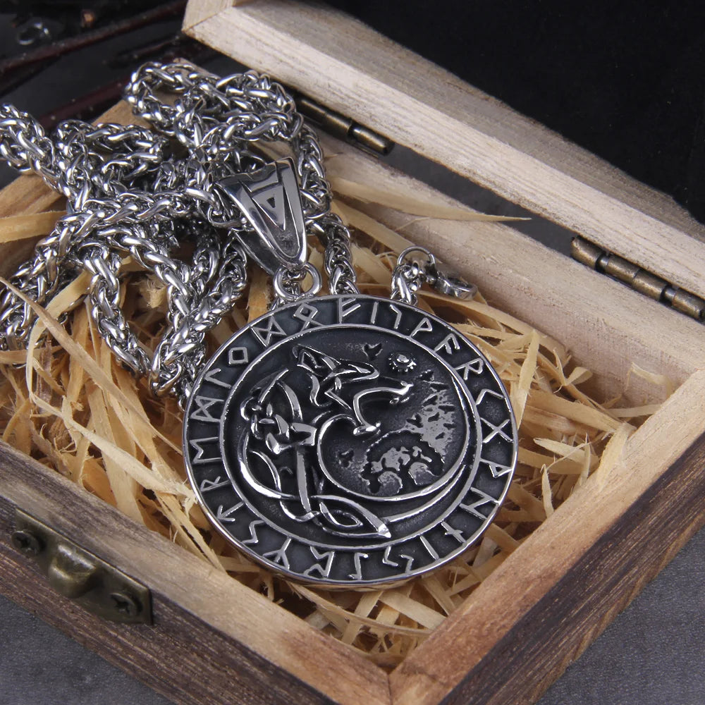 stainless steel Viking rune wolf head Necklace