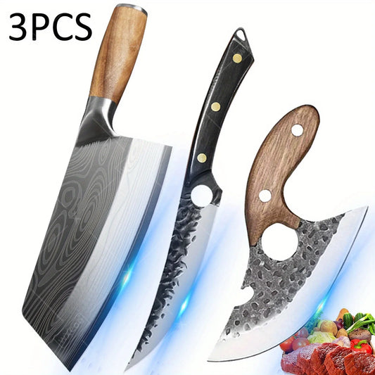 3Pcs Multipurpose Mini Knife Set Stainless Steel Pocket Knife High Carbon Chef Knife with Laser Damascus Pattern