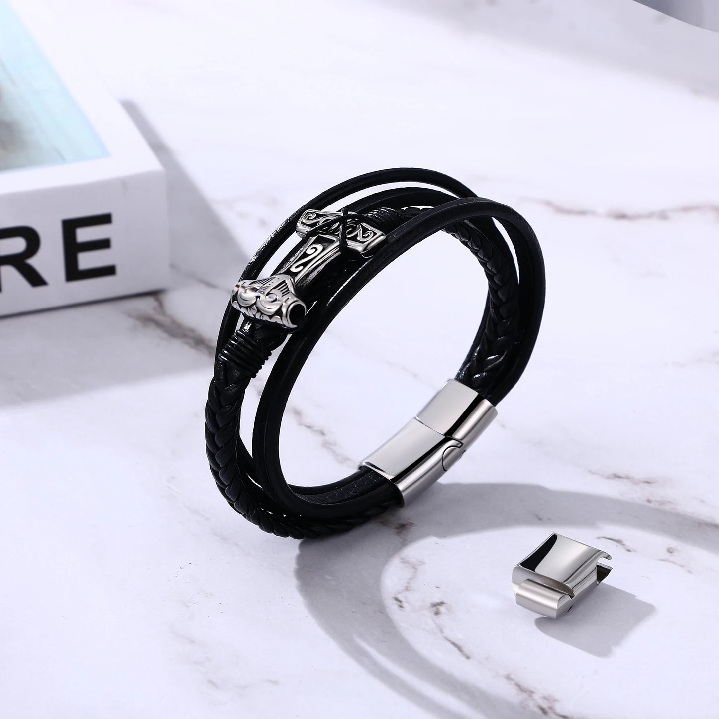 BONISKISS Mens Viking Thor's Hammer Norse Runes Vintage Leather Bracelet Amulet Mjolnir Jewelry Gift Magnetic Buckle Accessories