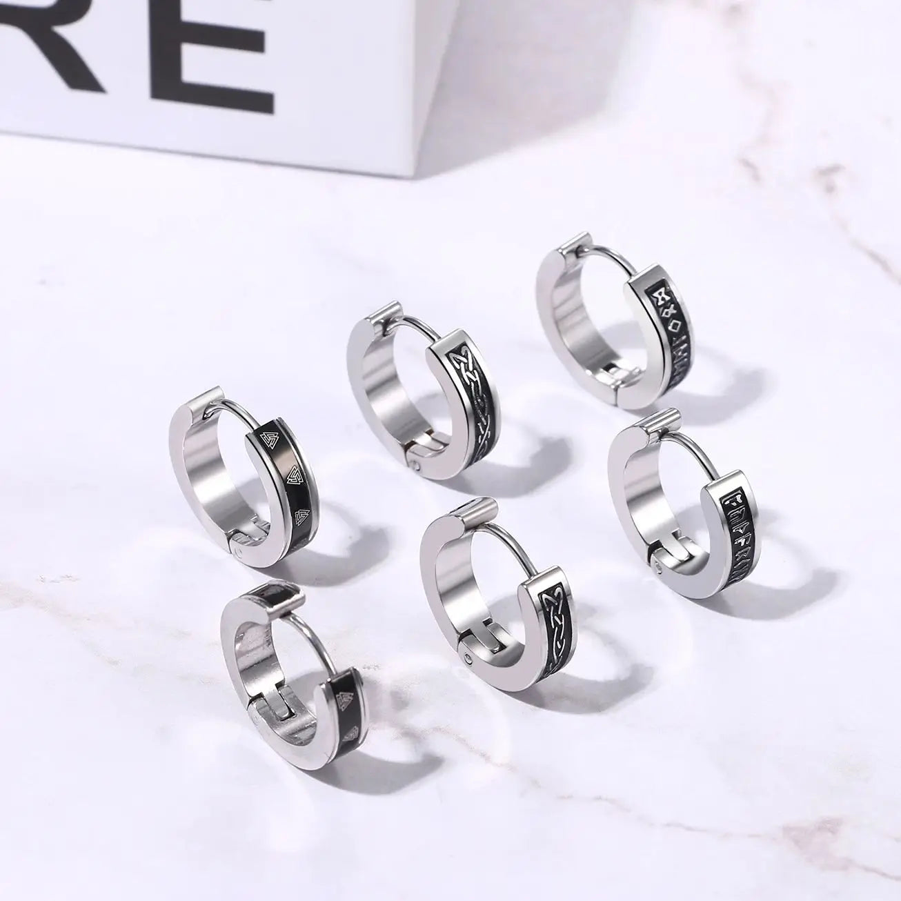 BONISKISS Men's Viking Rune Embrace Earrings Stainless Steel Three Pair Hoop Earrings Pendientes Geometric Loop Jewelry Gifts