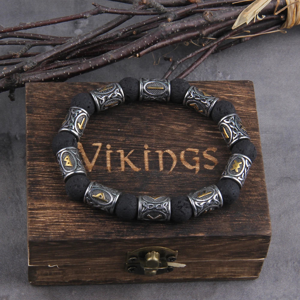Volcano Lava Stone Beads stainless steel Runes Beads Men Bracelet Viking Rune Bracelet Fashion Charm Beads Bracelet wooden box