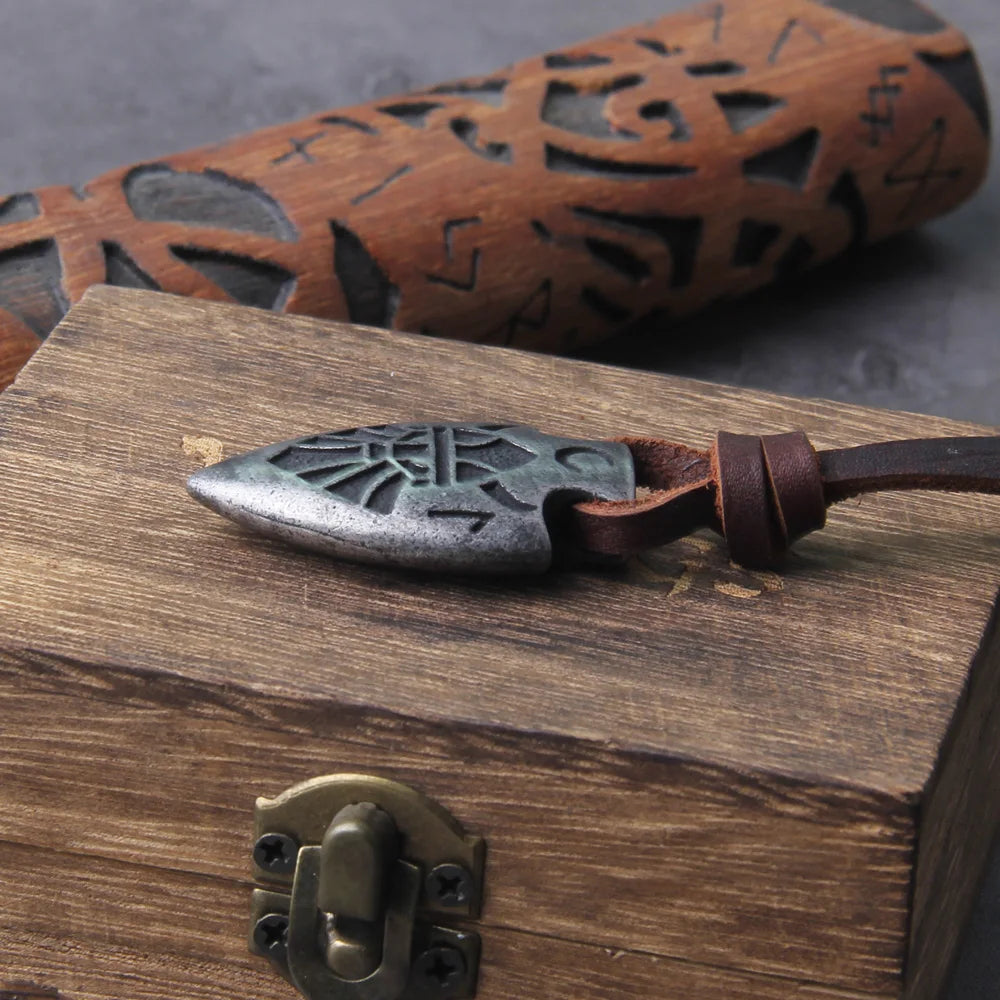 stainless steel Viking dragon spear Pendant Necklace with really cow leather chain As Men Gift with wooden box as gift