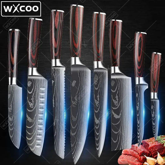 8 Pcs Kitchen Chef Knife Set High Carbon Stainless Steel Utility Knife Meat Cleaver Santoku Slicer Gyuto Vegetable Knife