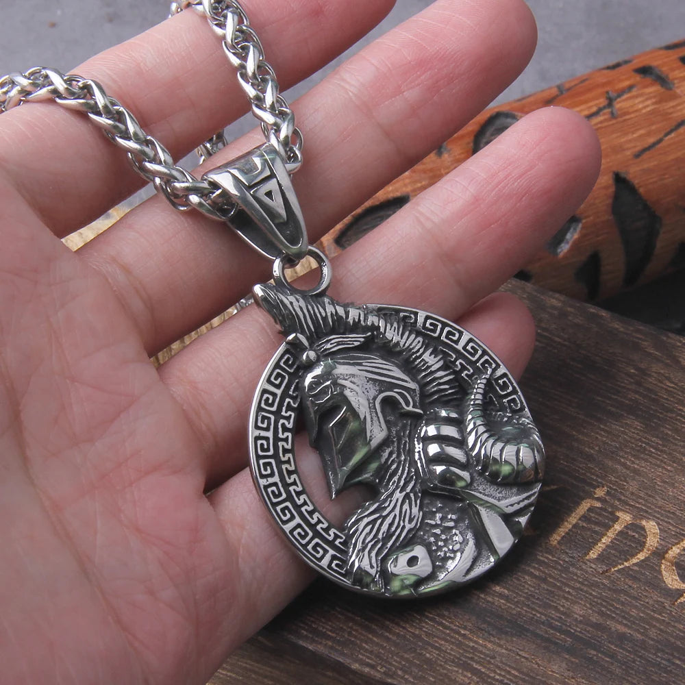 Never Fade Sparta Helmet pendant necklace with wooden box as men gift