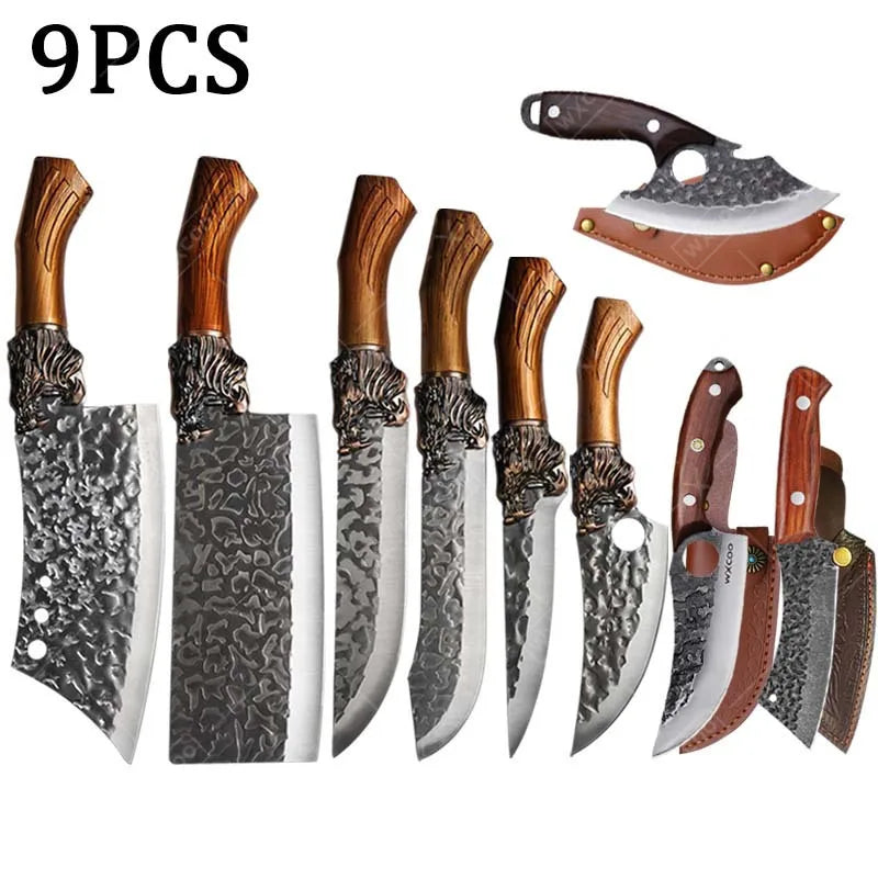 9PCS Professional Kitchen Chef Knife Set Stainless Steel Utility Knife Cutters Mini Knife Butcher Knife Boning Fish Pizza Cheese