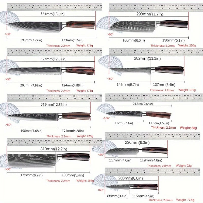 9 Pcs Kitchen Chef Knife Set High Carbon Stainless Steel Damascus Chef Knife Boning Knife Cleaver Santoku Slicer Vegetable