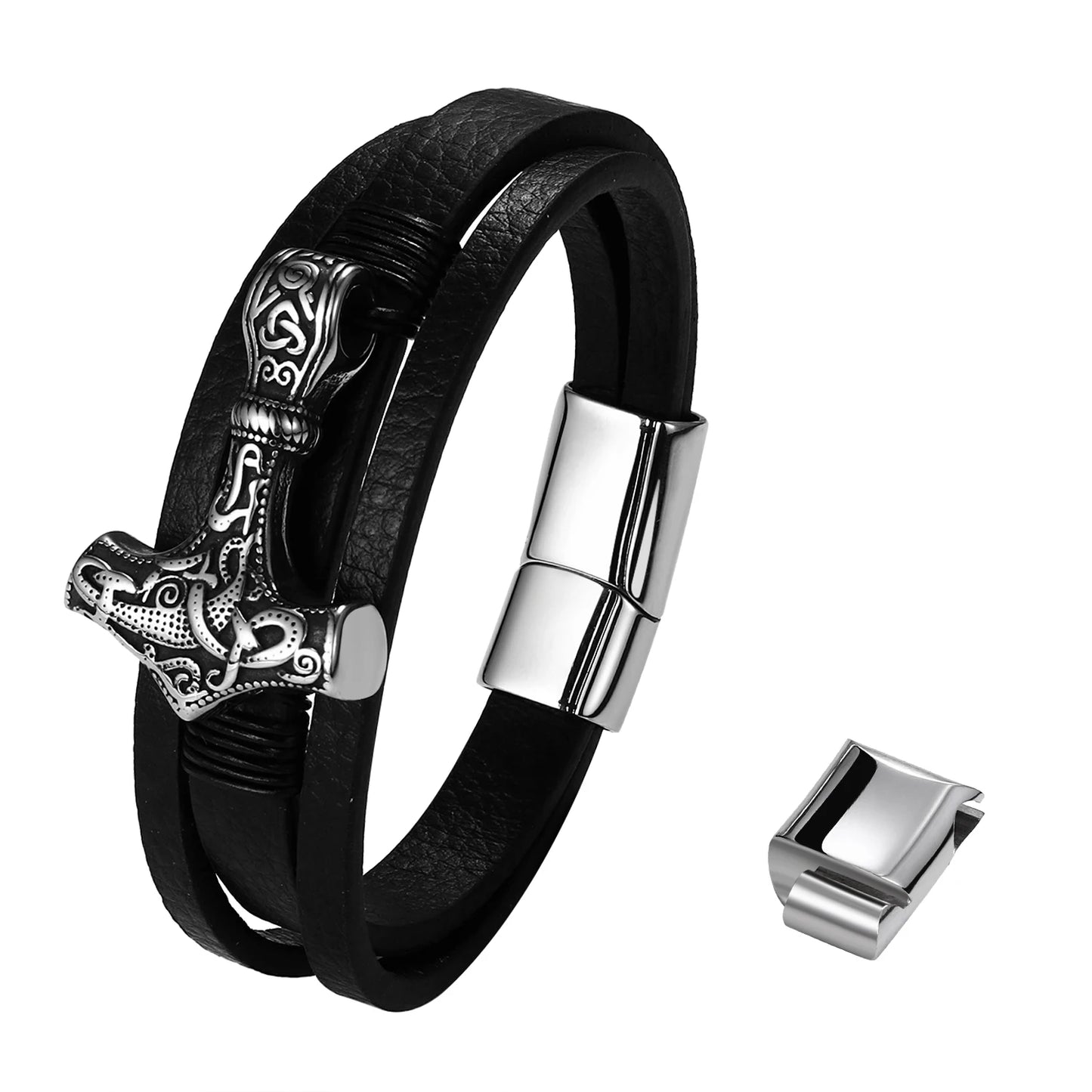 BONISKISS Mens Viking Thor's Hammer Norse Runes Vintage Leather Bracelet Amulet Mjolnir Jewelry Gift Magnetic Buckle Accessories