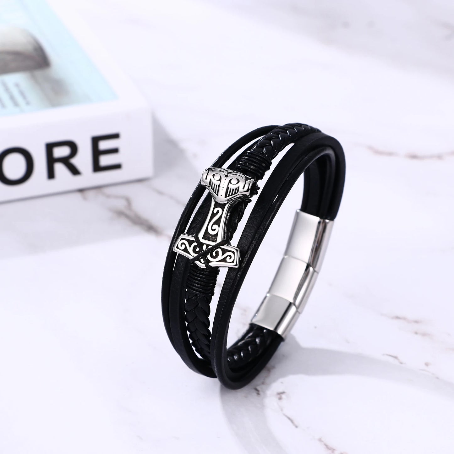 BONISKISS Mens Viking Thor's Hammer Norse Runes Vintage Leather Bracelet Amulet Mjolnir Jewelry Gift Magnetic Buckle Accessories