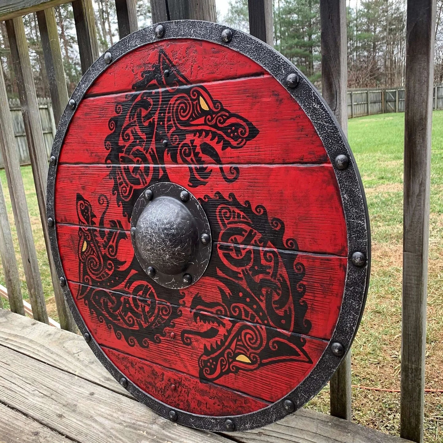 Authentic Battle-worn Viking Shield With Fenrir Wolf