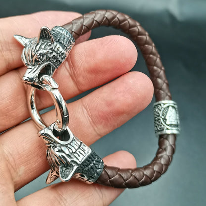 Leather Bracelet With Wolf Heads And A Valknut Bead