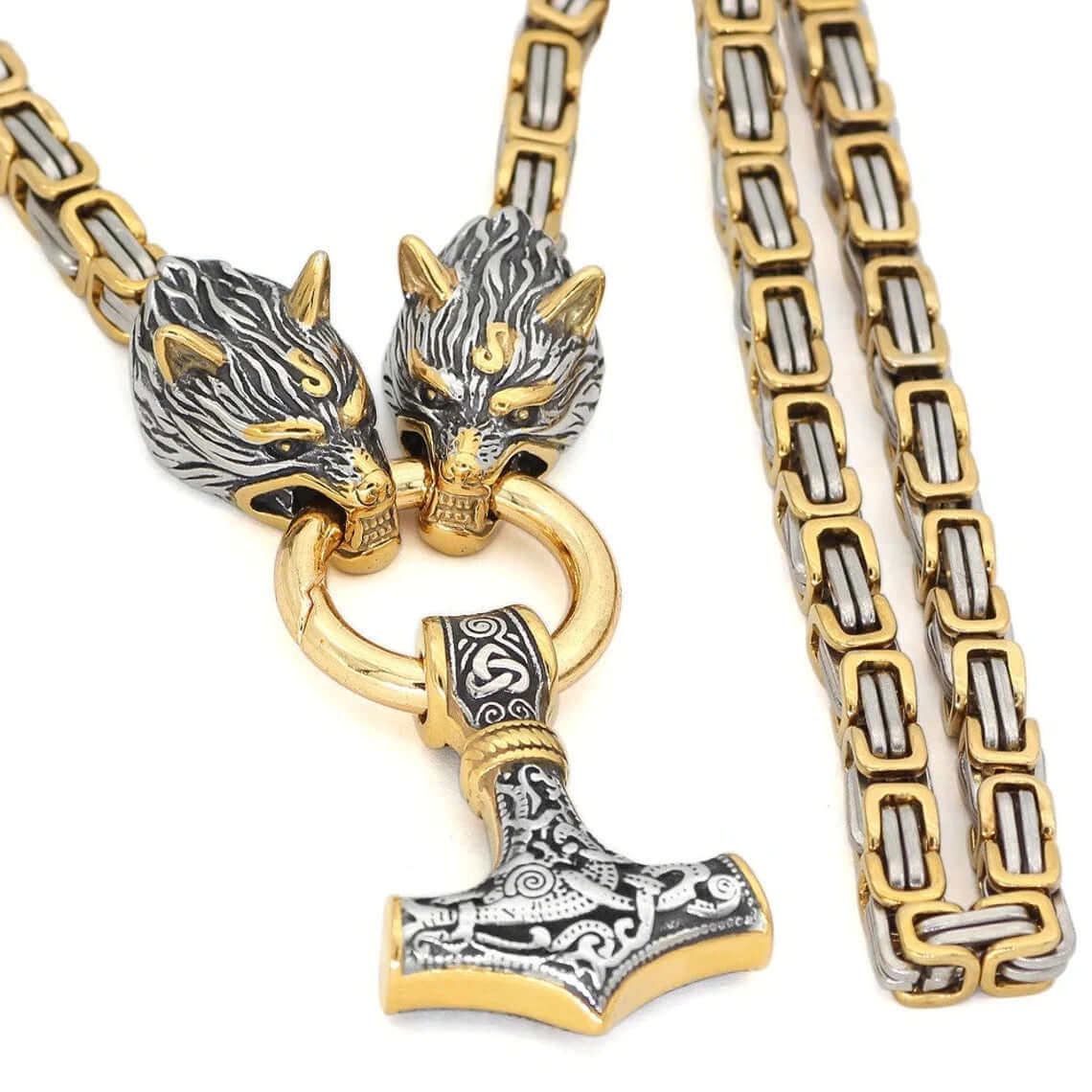 Gold Trimmed King Chain With Twin Wolf Heads Holding Mjolnir