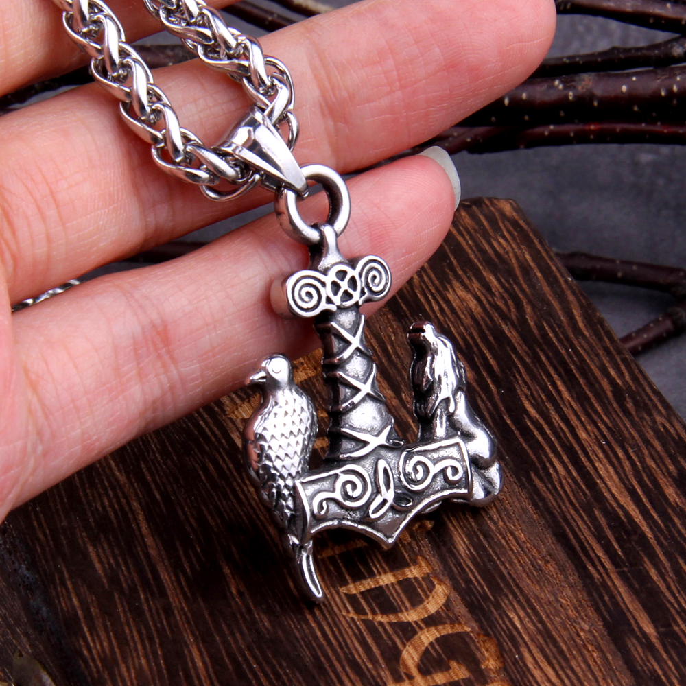 Thors Hammer Necklace - Wolf and Raven