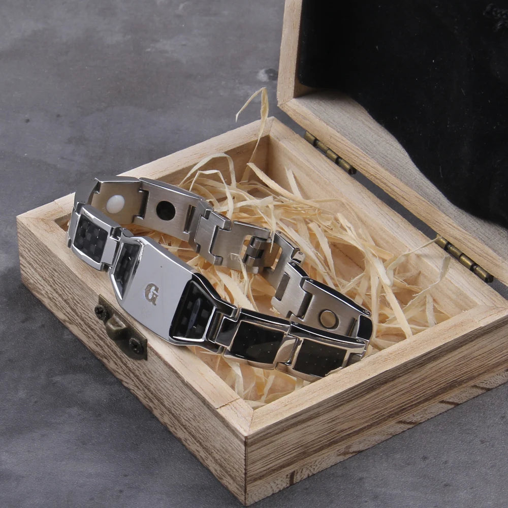 Masonic Black Magnetic Bracelet Men Stainless Steel Hand Chain ID Bracelets Carbon Fiber Magnetic Health Energy Bracelet for Men